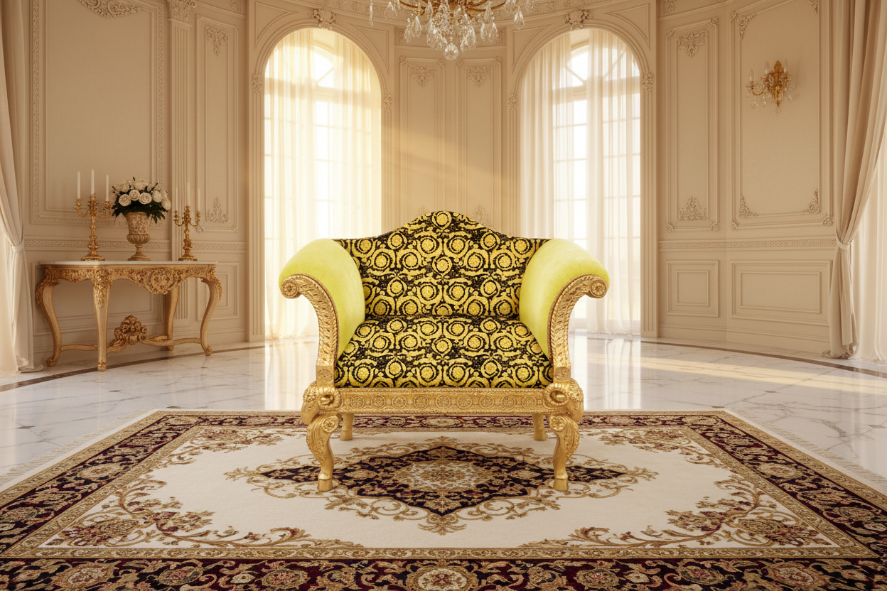 Versace Barocco Velvet Single Seater Armchair — Gold Leaf Ram's Head Carved Mahogany | 117cm