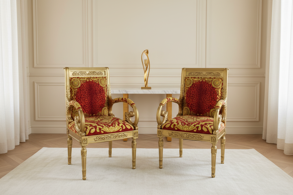Pair of Luxury Custom Vanitas Armchairs with Gold Leaf finish and Versace Barocco Leopard Red velvet side by side in a serene calm luxury room