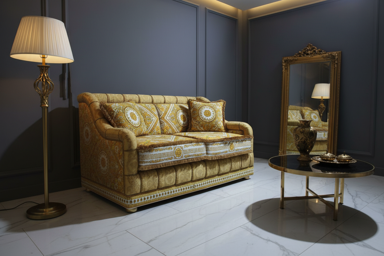 Luxury Custom Salone 2-Seater Sofa in Versace Barocco Gold fabric - front view in luxury dark interior setting