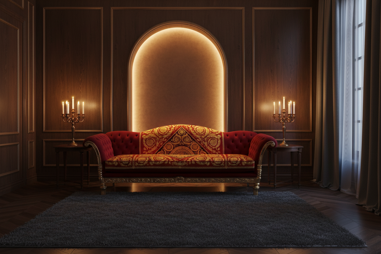Luxury Custom Tzar 3-Seater Sofa in Versace Red Barocco fabric styled in a moody dim-lit luxury living room with warm candlelight and dark paneled walls