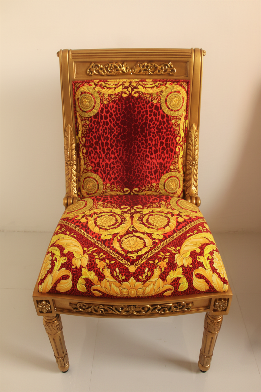 Enhanced front view of the Luxury Custom Vanitas Side Chair with Gold Leaf finish and Versace Barocco Leopard Red velvet on clean ivory studio backdrop