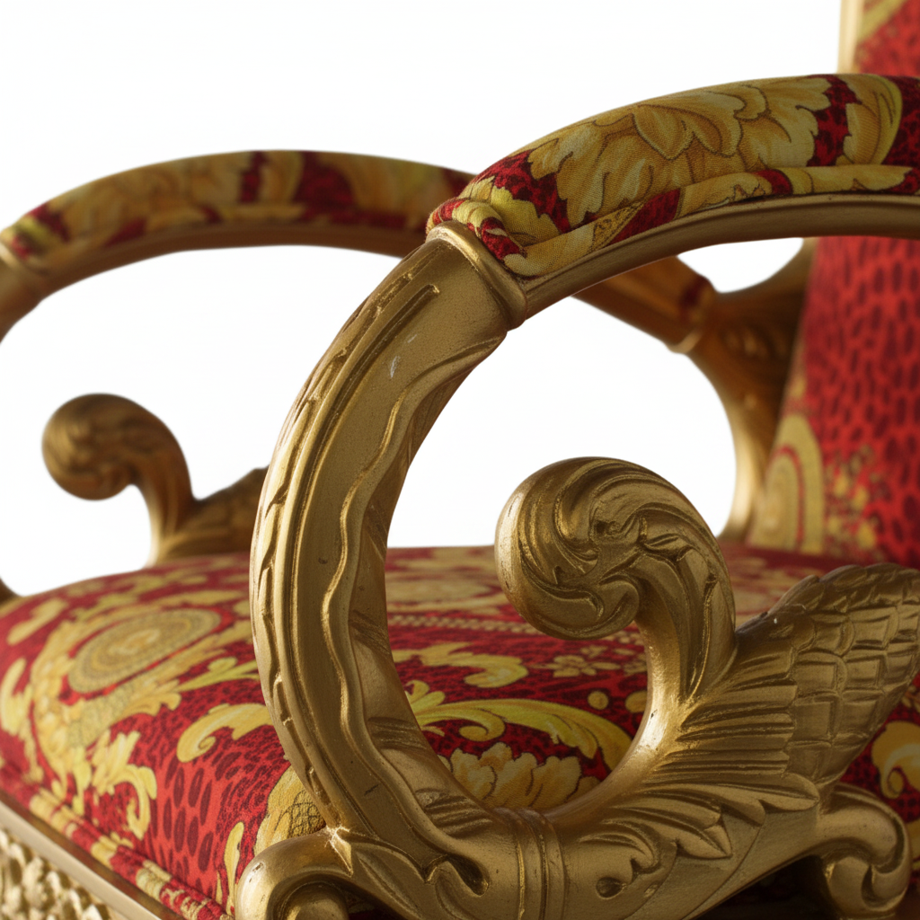 Close-up of hand-carved Gold Leaf arm with ornate scrollwork and acanthus leaf motifs on the Luxury Custom Vanitas Armchair