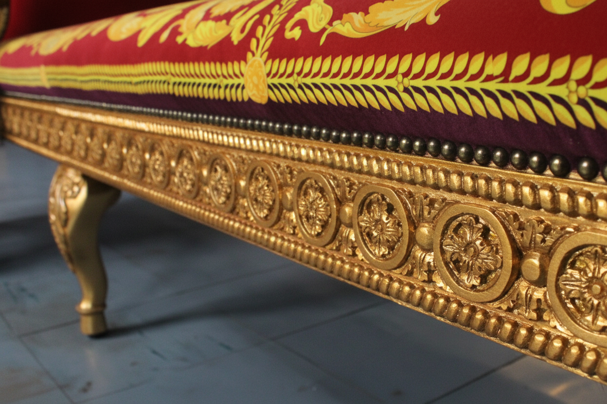 Decorative bench with red fabric and gold embroidery on a tiled floor.