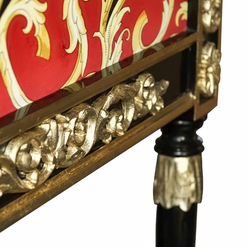 Enhanced detail shot of the hand-carved gold scrollwork on the apron rail and turned leg of the Luxury Custom Vanitas Armchair