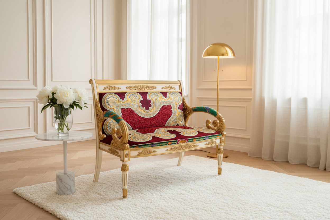 Luxury Custom Vanitas 2-Seater Loveseat with Gold & White Lacquer finish and Gianni Versace Red Vintage Medusa fabric in a serene calm luxury living room