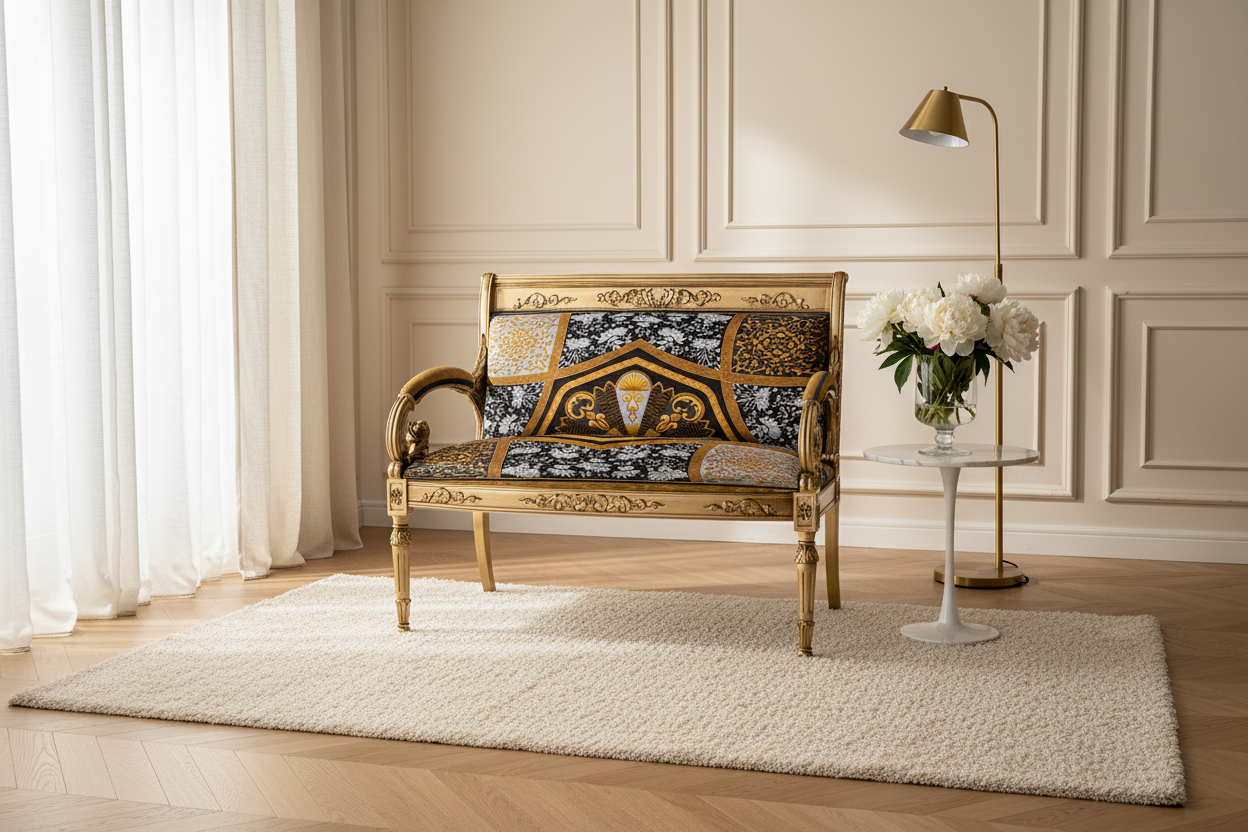 Luxury Custom Vanitas 2-Seater Loveseat with Gold Leaf finish and Atelier Versace Medusa Square cotton velvet in a serene calm luxury living room