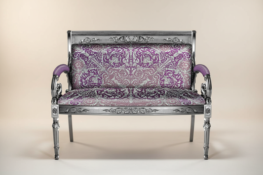 Full front-facing hero shot of the Luxury Custom Vanitas 2-Seater Loveseat with Silver Leaf finish and Versace Violet Baroque velvet against a clean soft luxury background