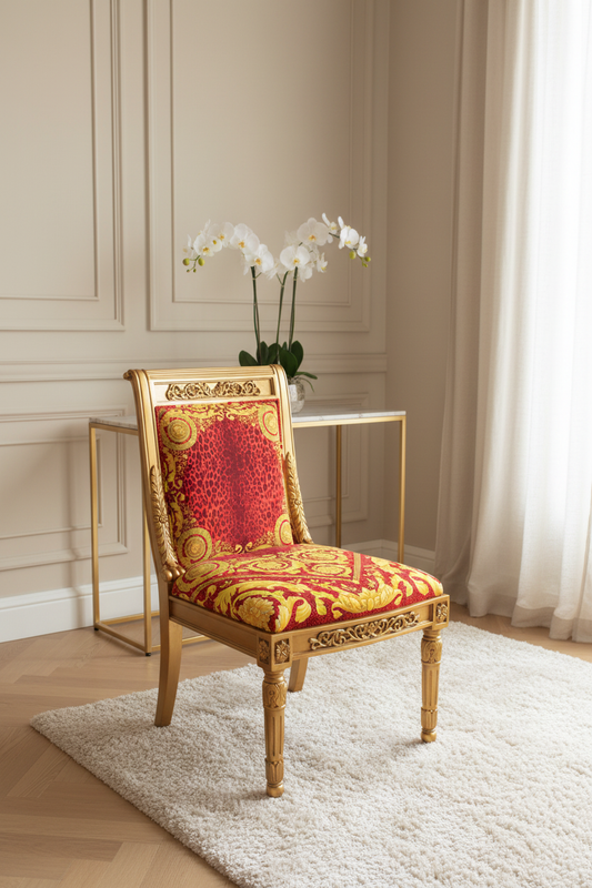 Luxury Custom Vanitas Side Chair with Gold Leaf finish and Versace Barocco Leopard Red velvet as a statement accent piece in a serene luxury room