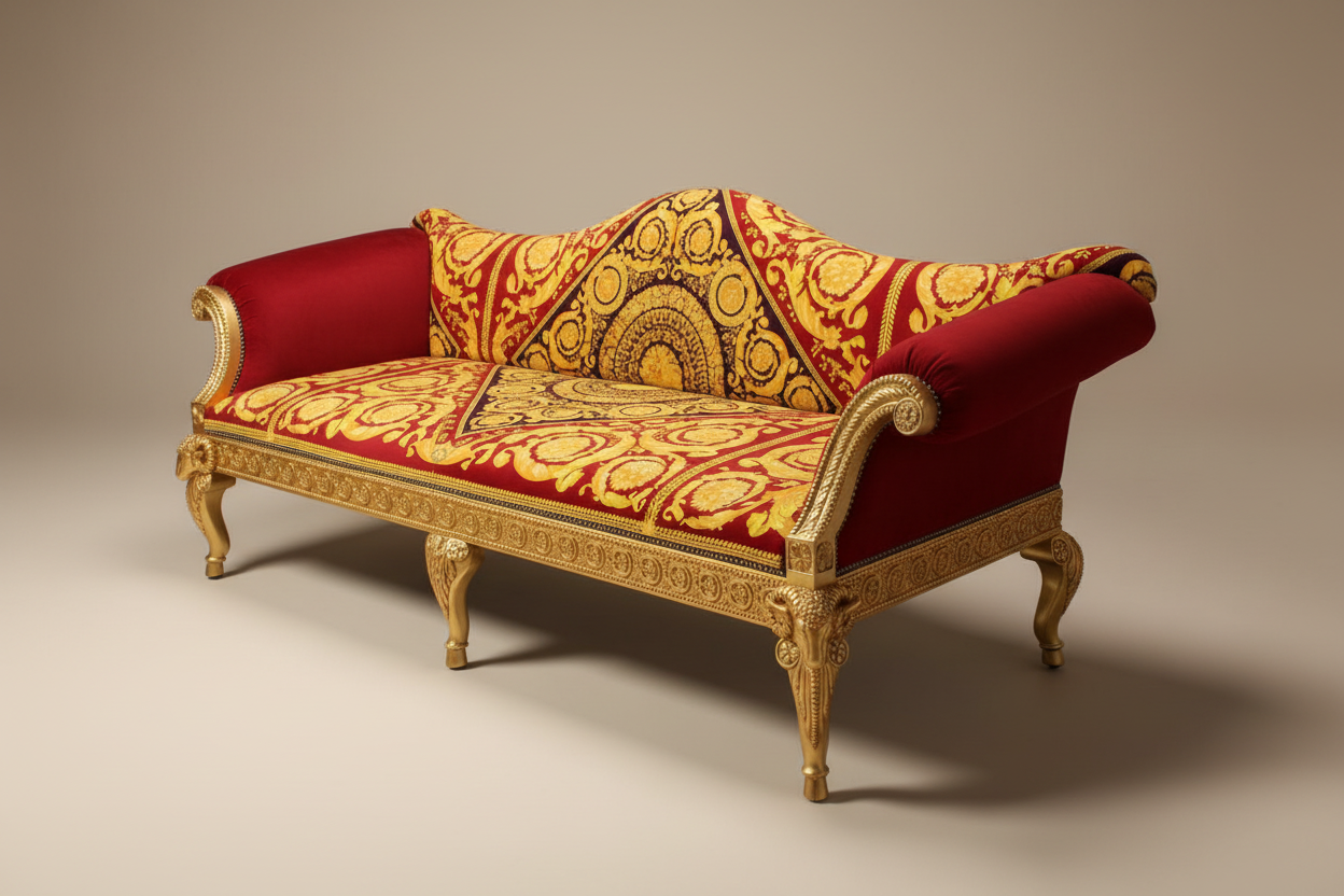 Versace Barocco Red Velvet 3-Seater Luxury Sofa — 3/4 angle view showing side profile