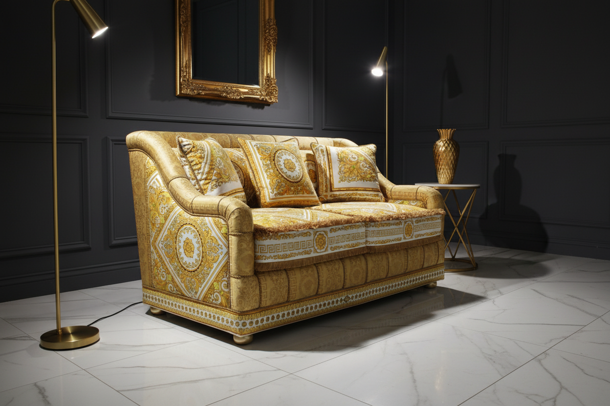 Luxury Custom Salone 2-Seater Sofa in Versace Barocco Gold fabric - angled side view in luxury dark interior