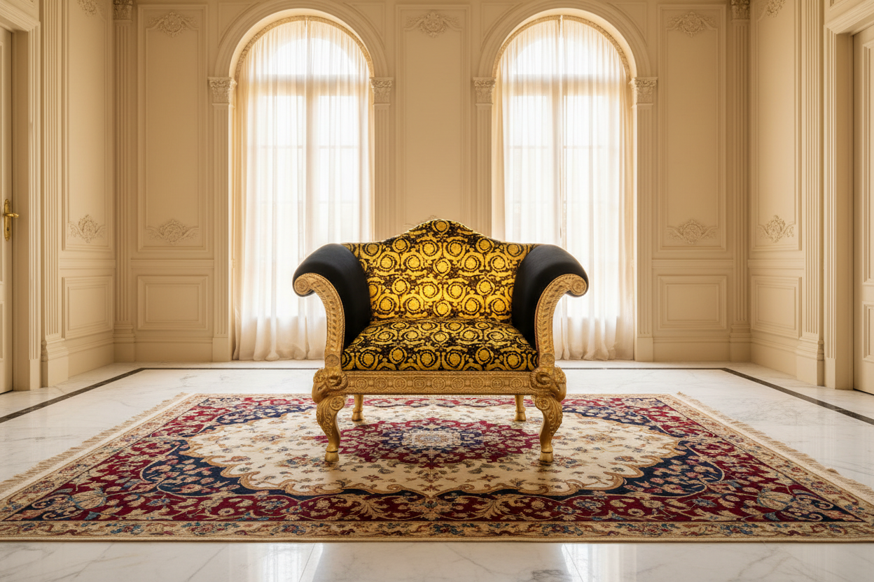 Versace Barocco Velvet Single Seater Armchair — Gold Leaf Ram's Head Carved Mahogany | 117cm
