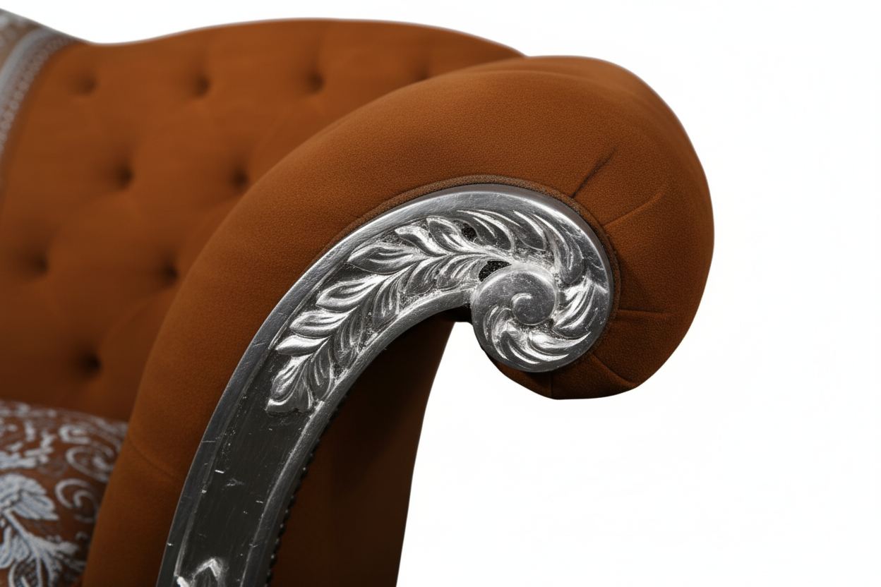 Close-up of hand-carved silver leaf arm and frame on the Luxury Custom Tzar 3-Seater Sofa