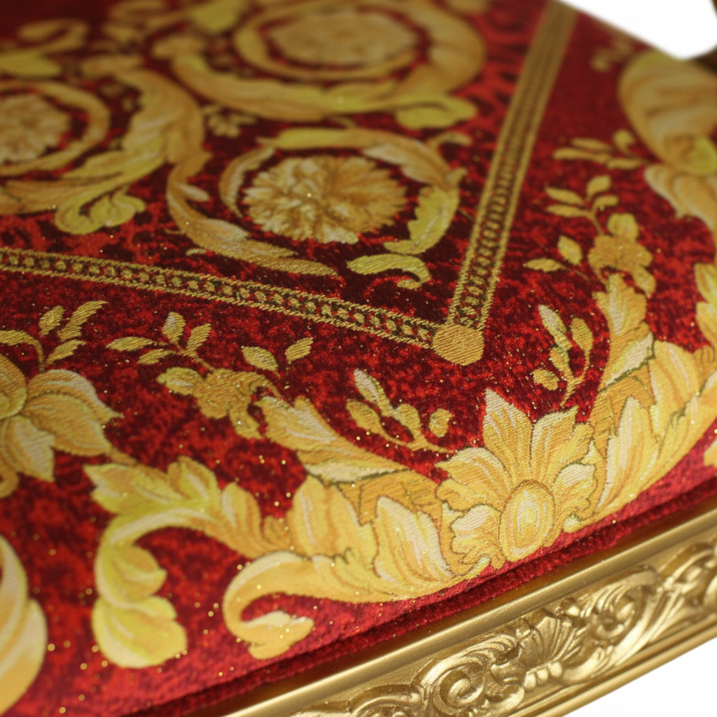 Macro detail of Versace Barocco Leopard Red heavy velvet fabric with baroque leopard print pattern in red, gold and olive tones