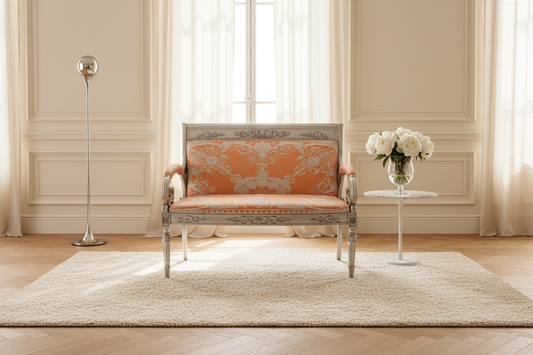 Luxury Custom Vanitas 2-Seater Loveseat with Silver Leaf finish and Versace Le Grand Orange fabric in a serene calm luxury living room
