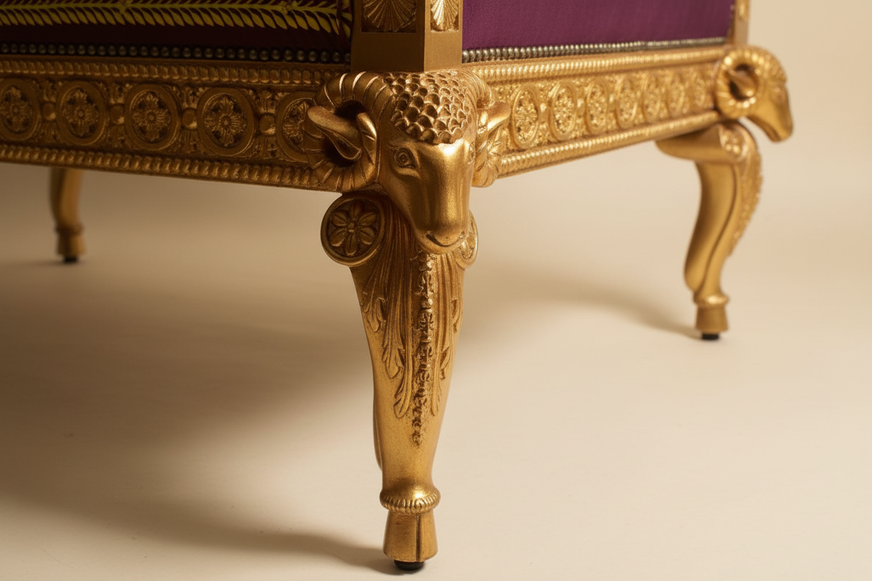 Ram's Head gold leaf carved mahogany leg detail — Versace Barocco Red Velvet 3-Seater Luxury Sofa