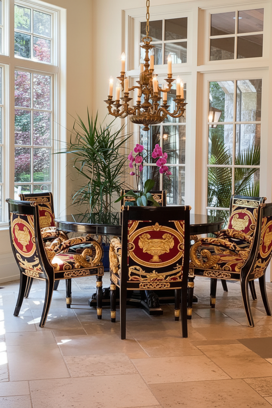 Enhanced lifestyle shot of the Luxury Custom Vanitas Dining Set for 6 in a grand sunlit dining room with bronze chandelier, garden windows, orchids and tropical plants