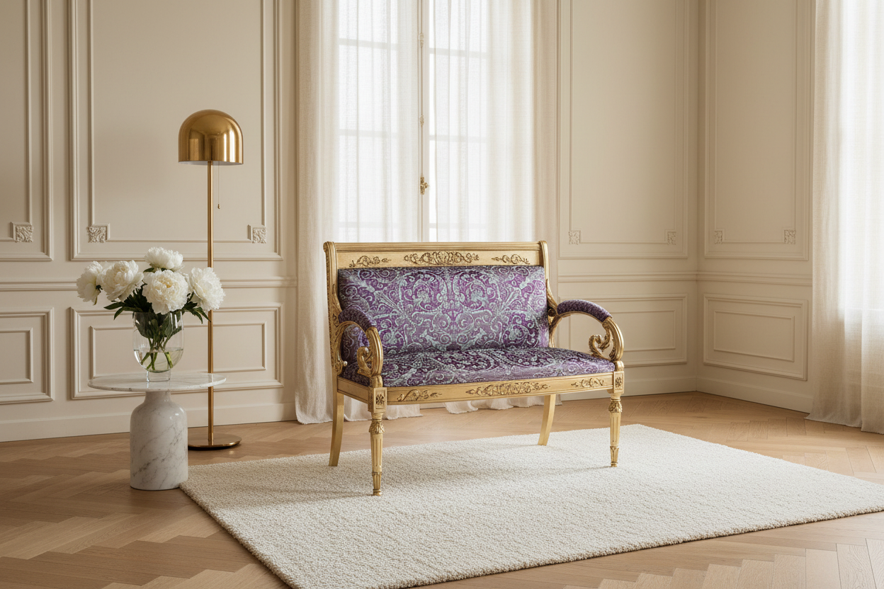 Luxury Custom Vanitas 2-Seater Loveseat with Gold Leaf finish and Versace Violet Baroque velvet in a serene calm luxury living room