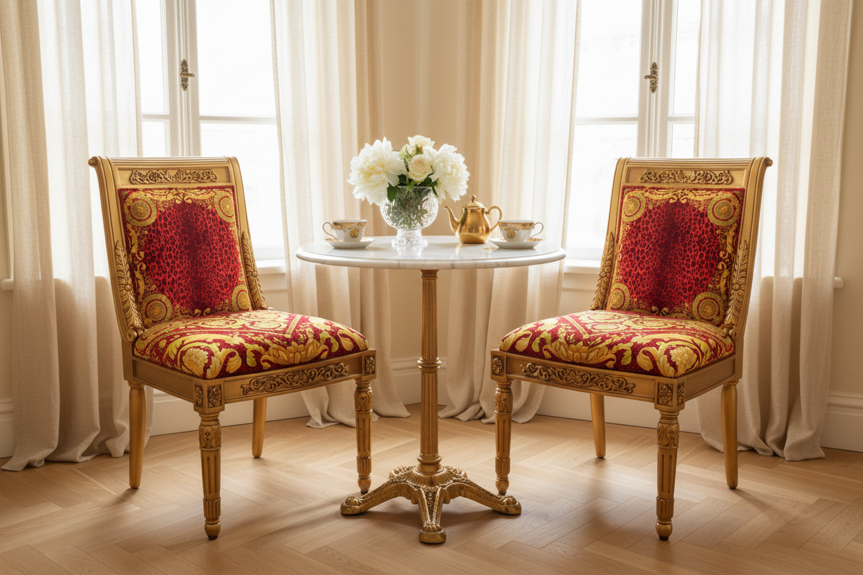 Pair of Luxury Custom Vanitas Side Chairs with Gold Leaf finish and Versace Barocco Leopard Red velvet at an elegant round marble breakfast table in a bright luxury morning setting