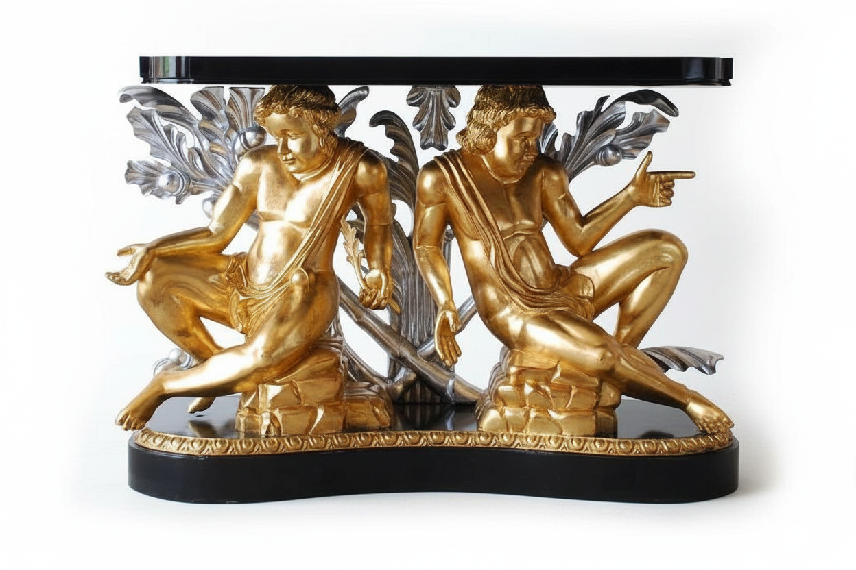Decorative table with gold and silver sculptures on a white background