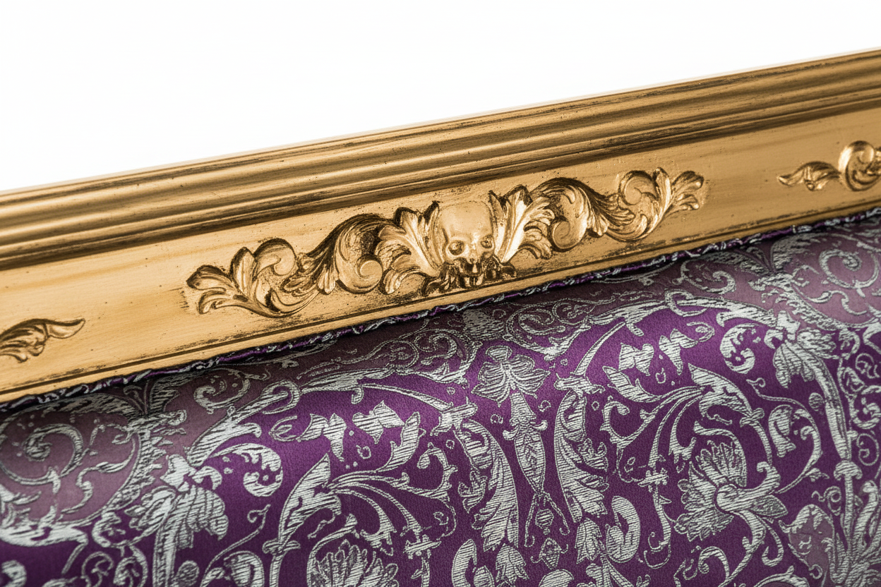 Close-up of hand-carved Gold Leaf Vanitas ornate scrollwork and floral motifs on the luxury loveseat frame with Versace Violet Baroque velvet
