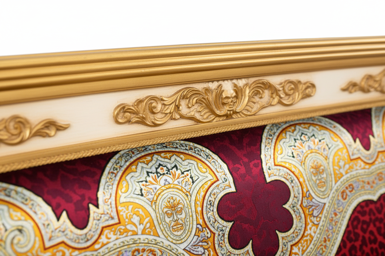 Close-up of hand-carved Gold and White Lacquer Vanitas ornate scrollwork on the luxury loveseat frame with red Medusa velvet upholstery