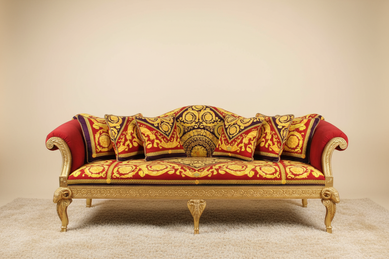 Versace Barocco Red Velvet 3-Seater Luxury Sofa — with decorative cushions arranged