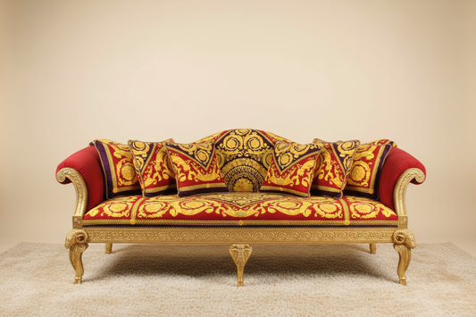 Versace Barocco Red Velvet 3-Seater Luxury Sofa — with decorative cushions arranged
