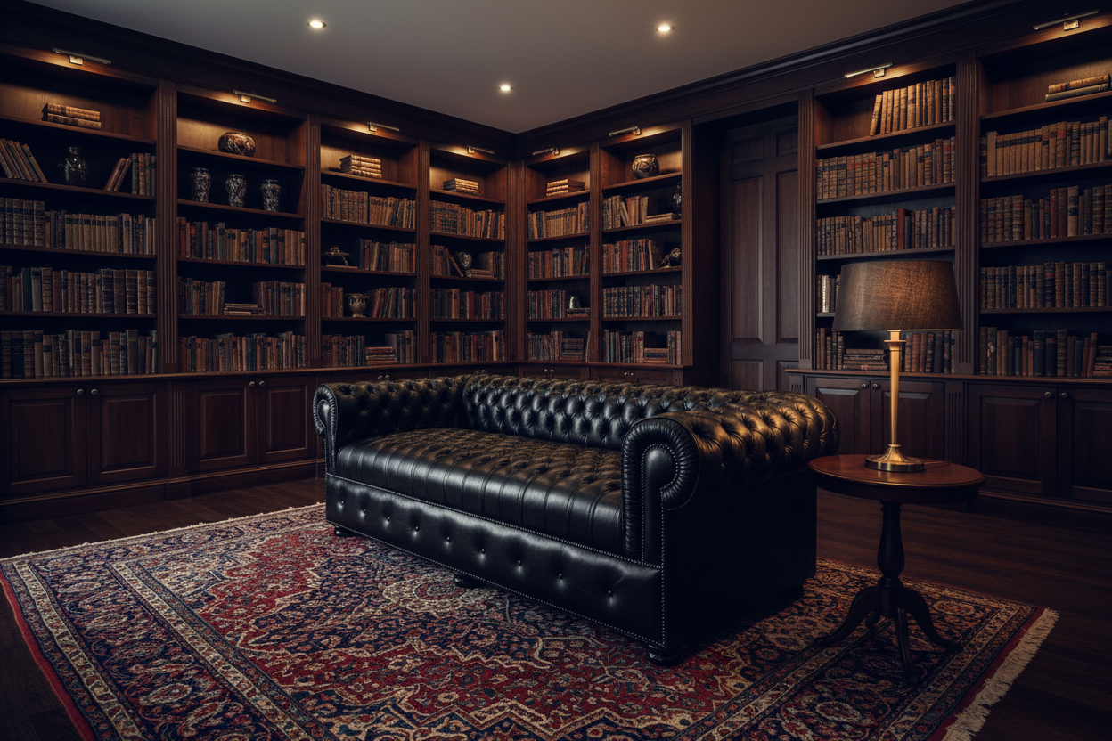 Black Chesterfield 3-Seater Sofa in genuine leather - moody luxury home library with Persian rug and gold lamp