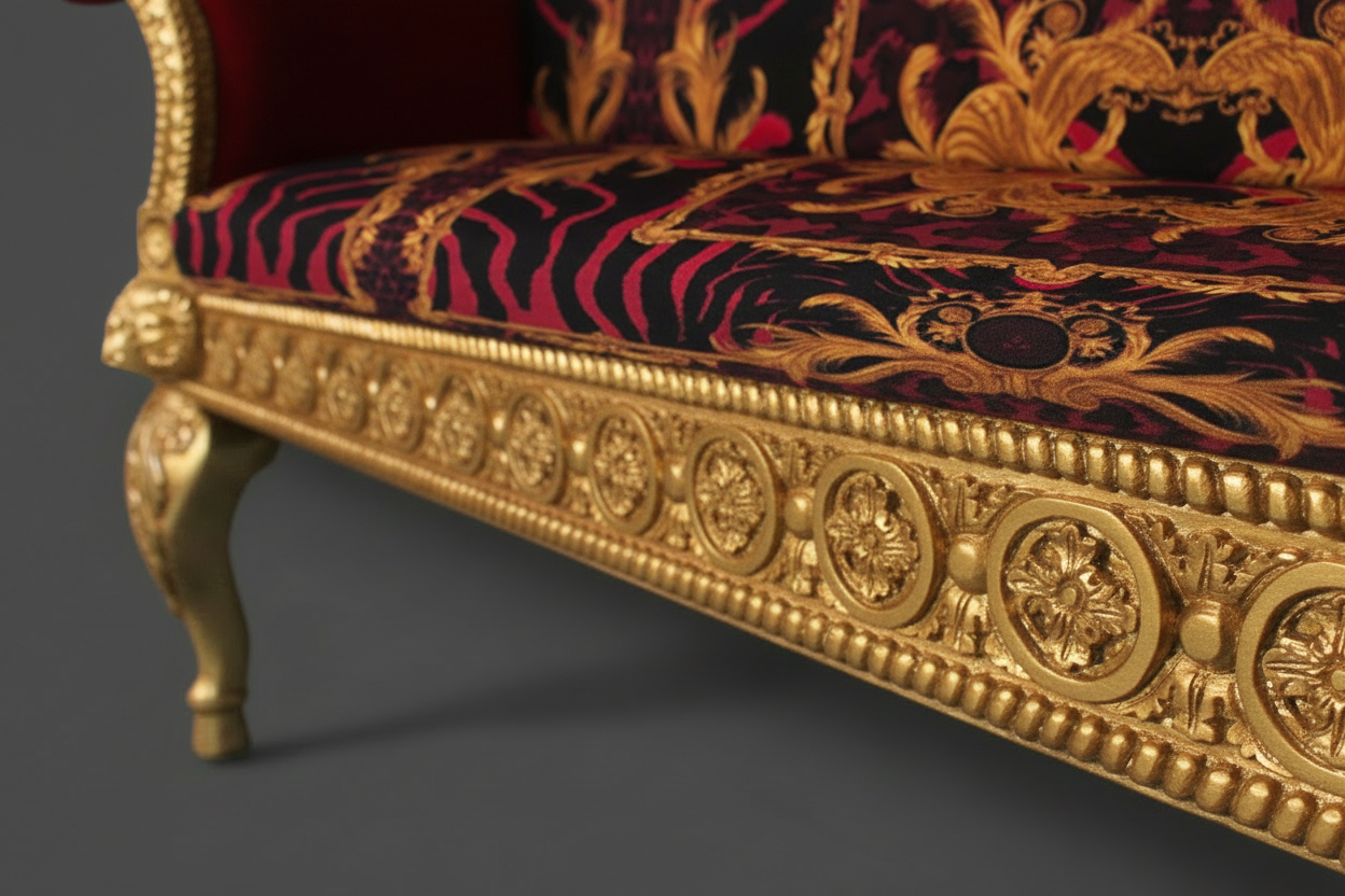 Ram's Head 3 Seater - Gold Frame Close-up with Zahara Red Fabric