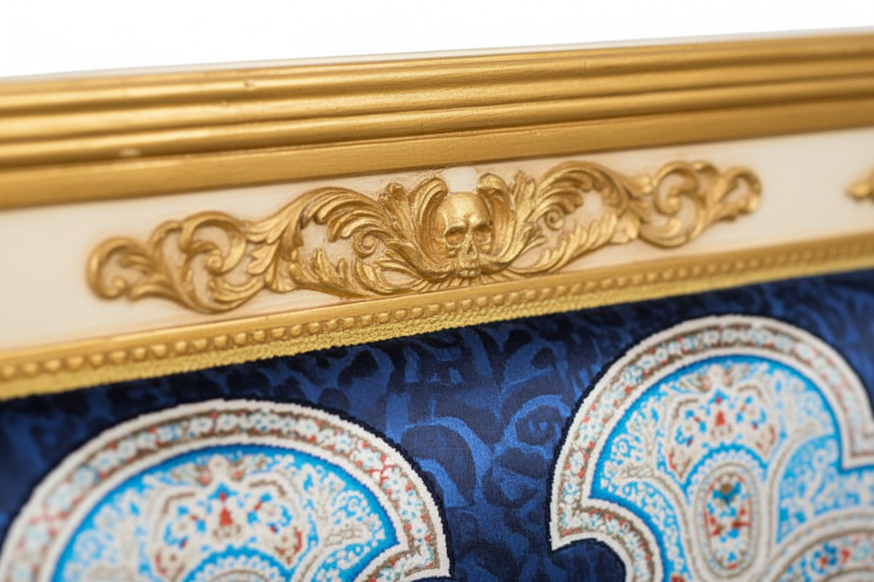 Vanitas Blue Medusa Loveseat — Gold & White Lacquer Carving Detail