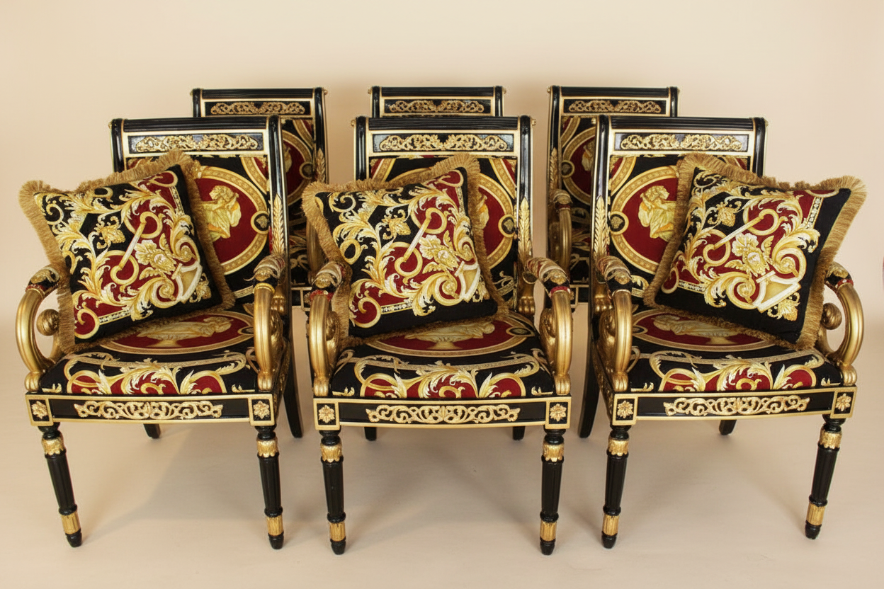 Vanitas Dining Armchairs — Enhanced Front View with Versace Cushions