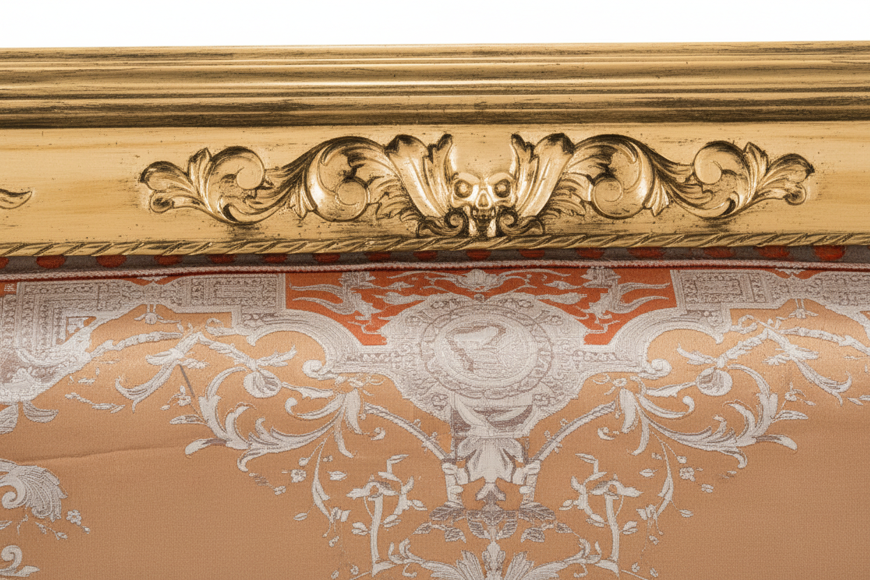 Vanitas Loveseat — Gold Leaf Carving Detail