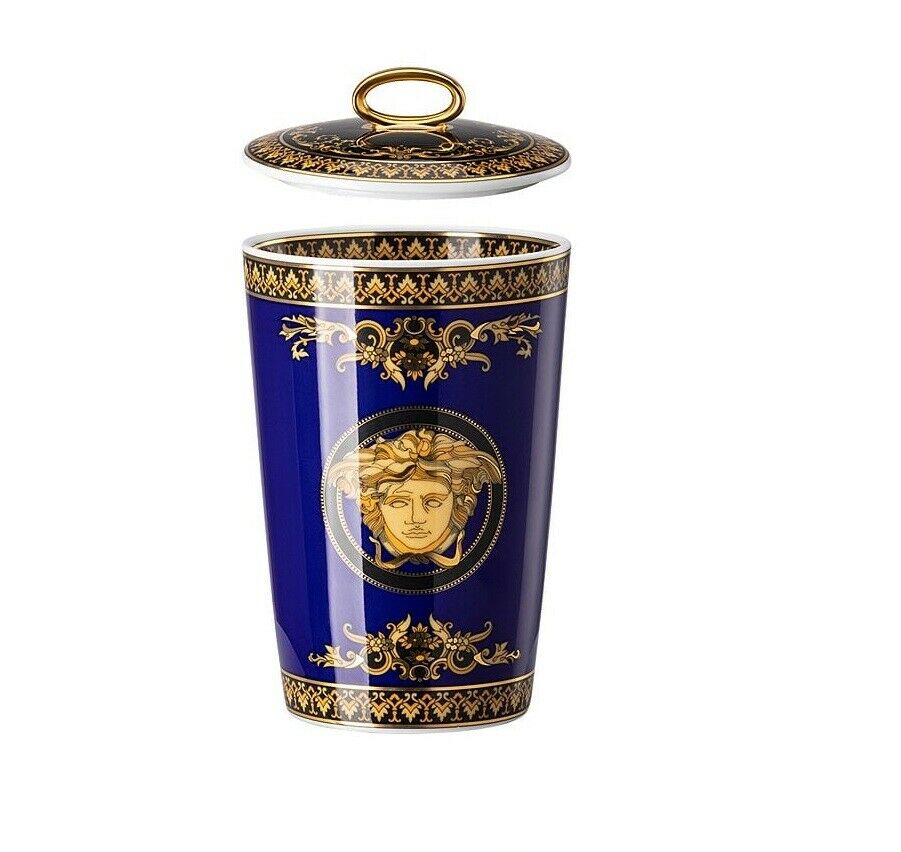 Versace Medusa Blue Scented Table Candle Holder  With A Ring Handle Lid