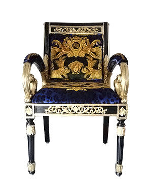 Versace Vanitas Custom Armchair Covered In Versace DV Blue Animal Print Velvet Fabric-Same Pattern On Outer Back Seat