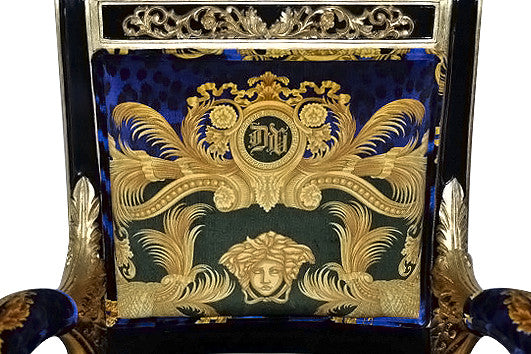 Versace Vanitas Custom Armchair Covered In Versace DV Blue Animal Print Velvet Fabric-Same Pattern On Outer Back Seat