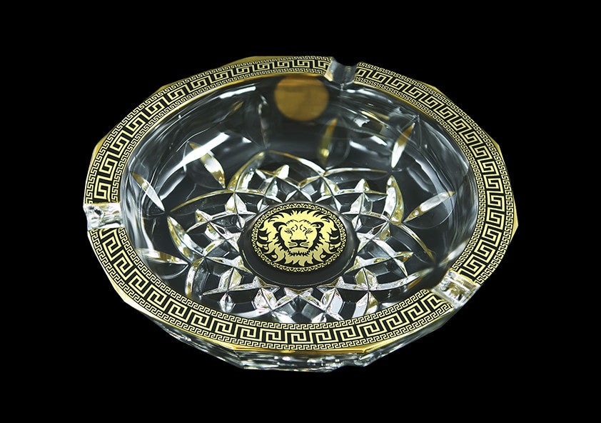 Crystal Ashtray In Greek Key Golden Black With Lion Head 5cm x 17dia