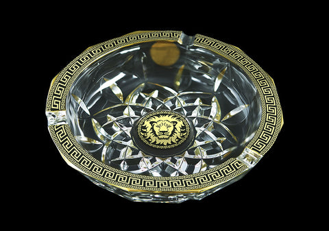 Crystal Ashtray In Greek Key Golden Black With Lion Head 5cm x 17dia