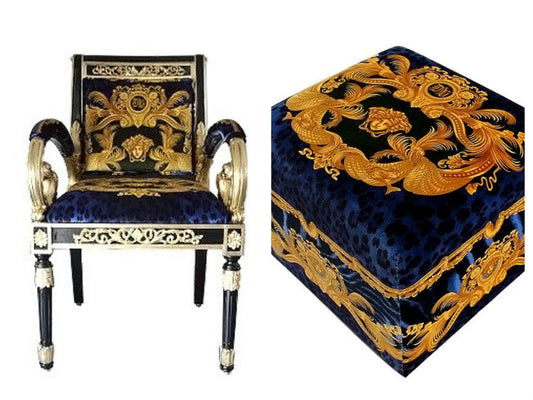 Luxury Arcmhair Custom-Made Covered in Versace DV Blue Animal Print Velvet Fabric With Same Pattern On Outer Back Seat