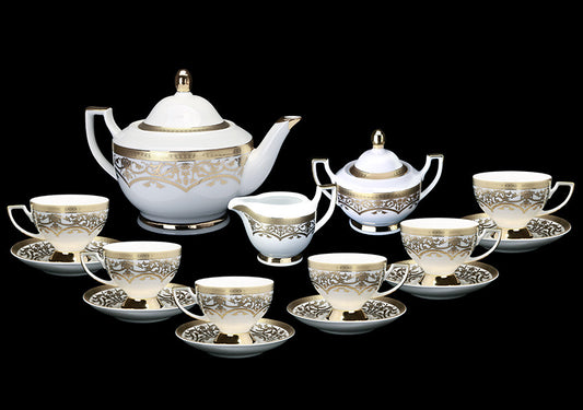 Porcelain Tea Set In Empire White Gold - 9-Piece Set