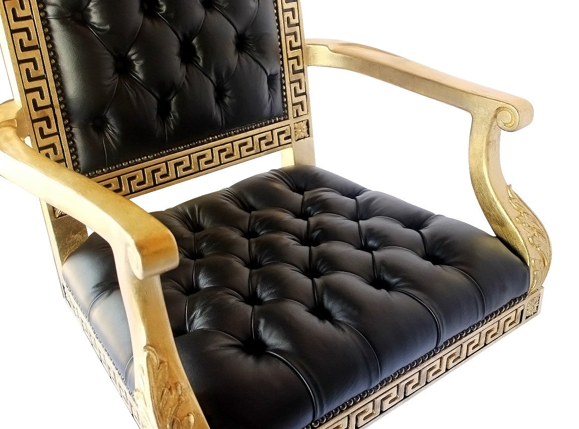 Executive Greek Key Swivel Armchair In Genuine Black Leather Tufted Seat and Back