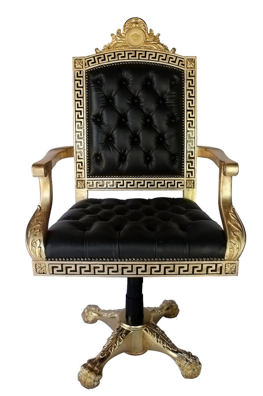 Executive Greek Key Swivel Armchair In Genuine Black Leather Tufted Seat and Back