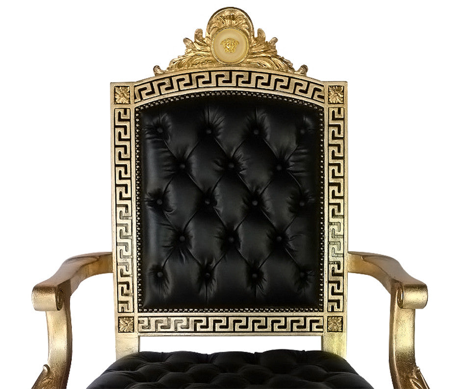 Executive Greek Key Swivel Armchair In Genuine Black Leather Tufted Seat and Back