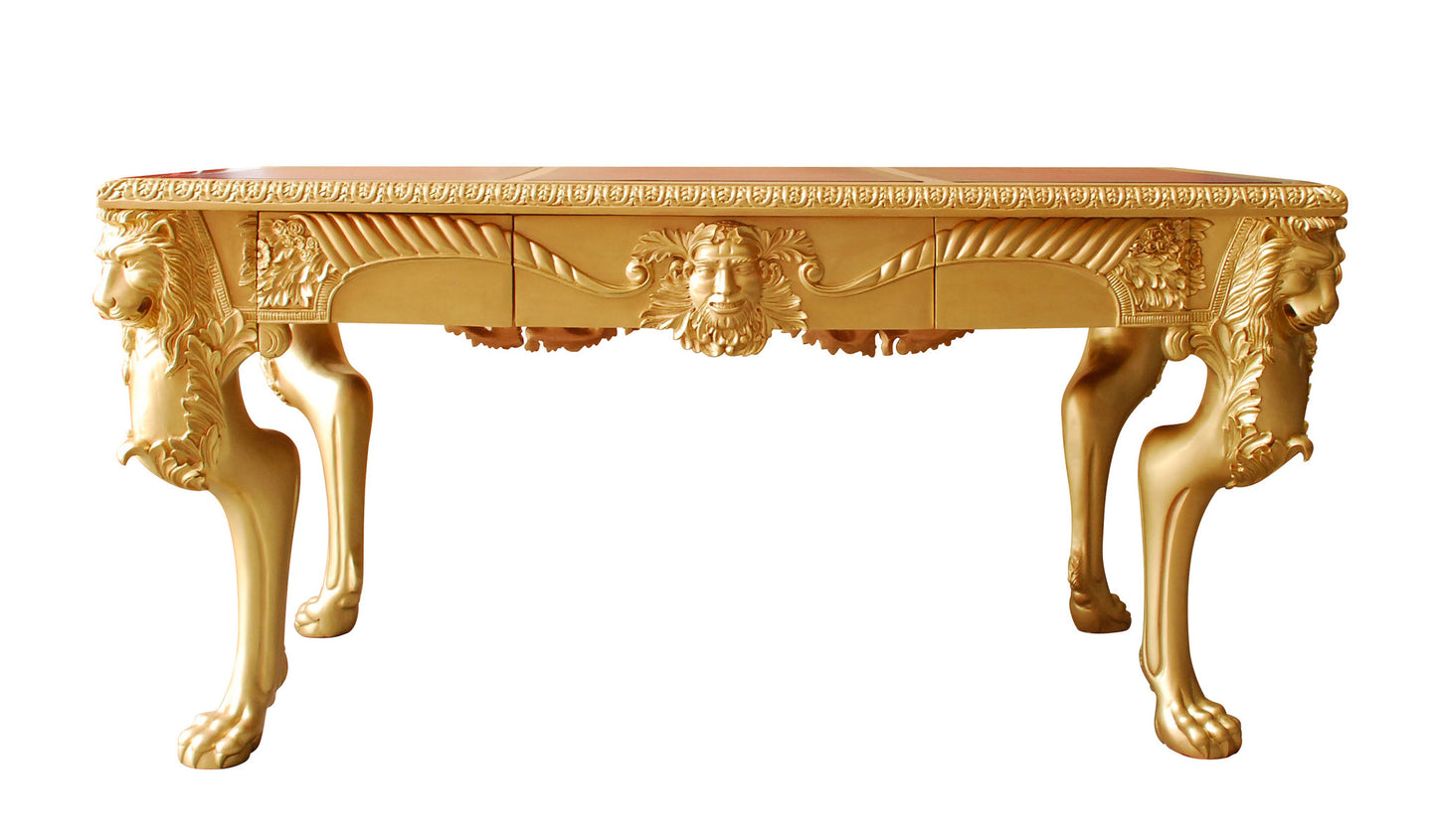 Writing Table - Lion Hand-Carved In Gold Finish With Leather Top