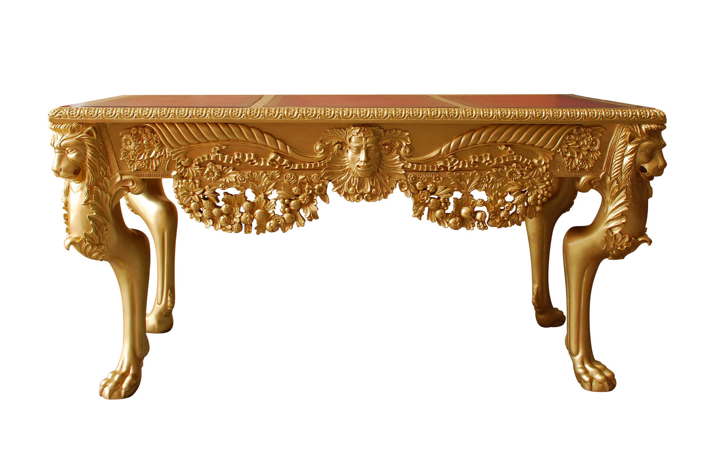 Writing Table - Lion Hand-Carved In Gold Finish With Leather Top