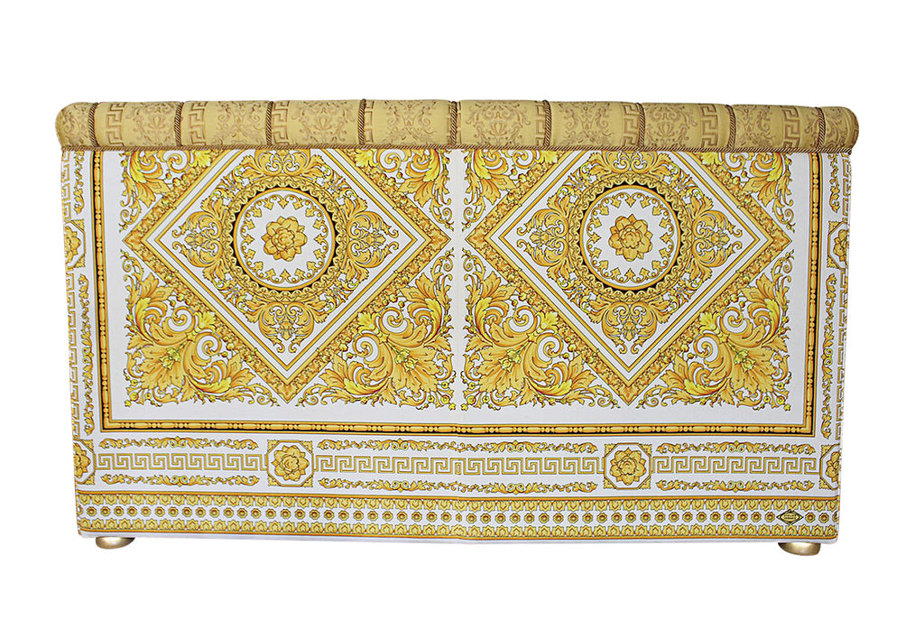 A GIANNI VERSACE FABRIC UPHOLSTERED CARVED GILTWOOD SOFA