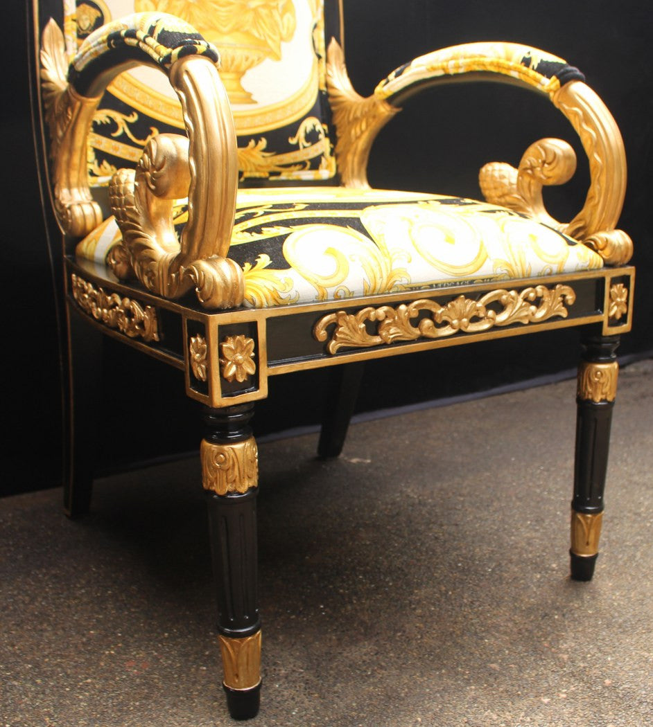 Luxury Custom Armchair Covered In Versace Gold Double Lion Petit-Petitot Fabric