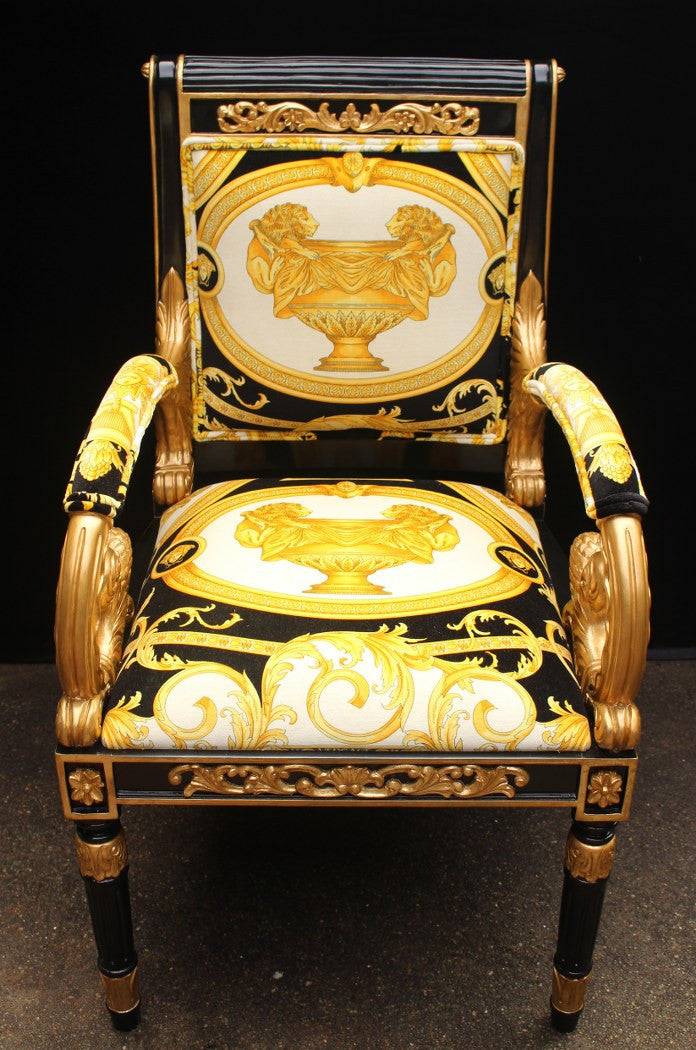 Pair Luxury Custom Vanitas Armchair Covered In Versace Gold Double Lion Petit-Petitot Fabric