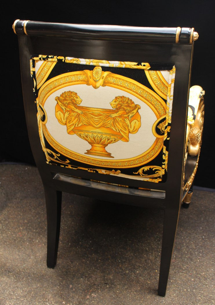 Luxury Custom Armchair Covered In Versace Gold Double Lion Petit-Petitot Fabric