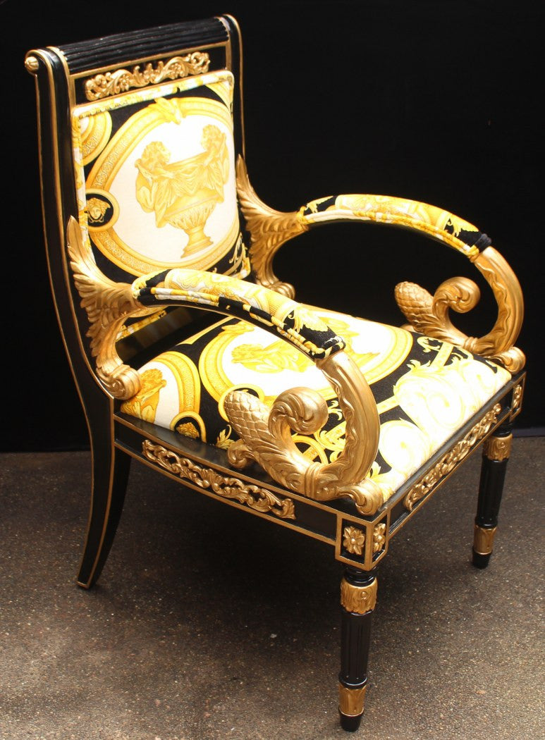 Luxury Custom Armchair Covered In Versace Gold Double Lion Petit-Petitot Fabric