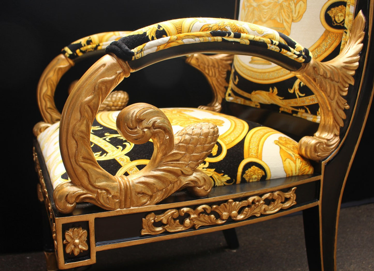 Pair Luxury Custom Vanitas Armchair Covered In Versace Gold Double Lion Petit-Petitot Fabric